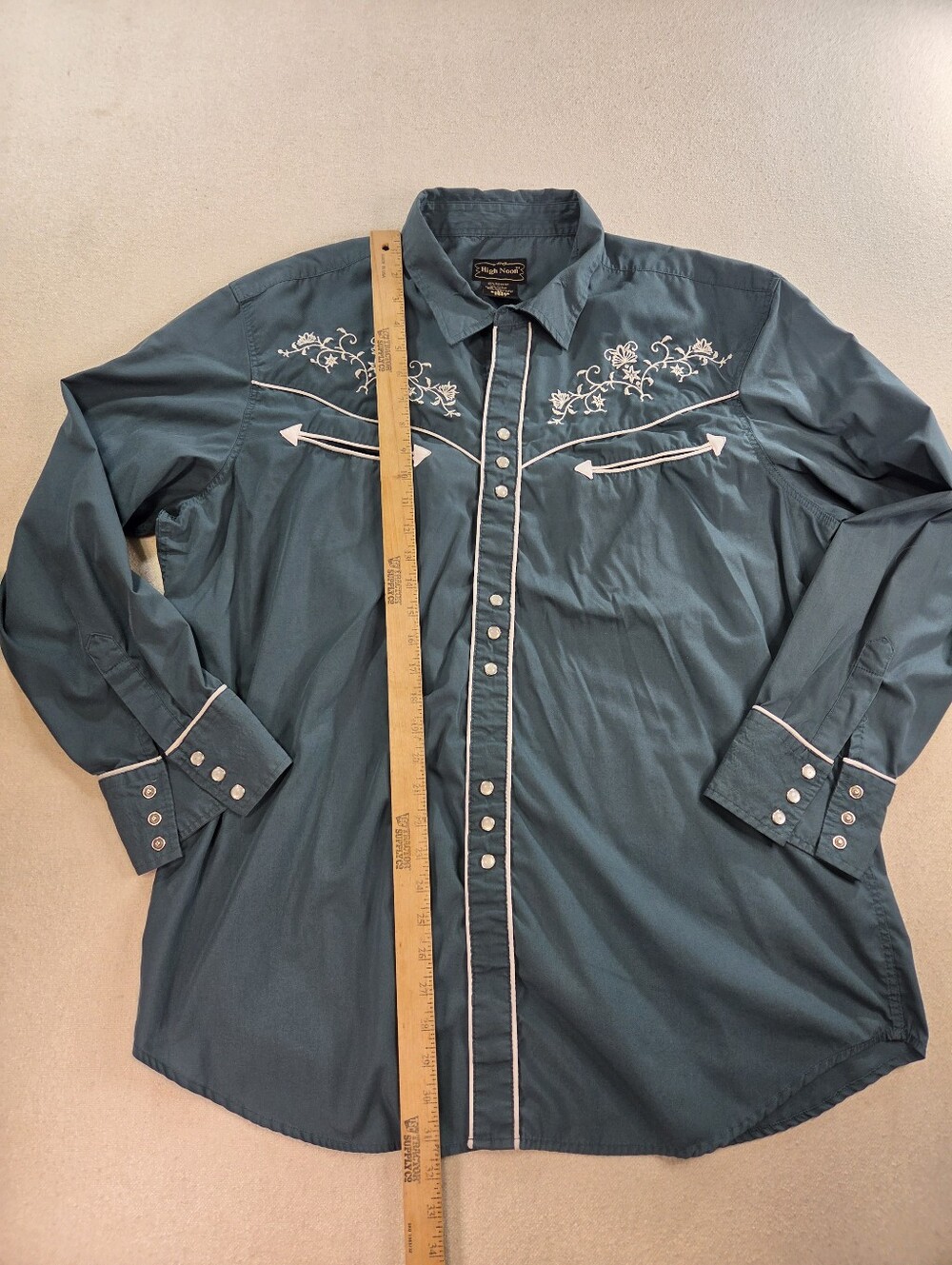 High Noon XL Embroidered Teal Pearl Snap Western Cowboy Shirt - Picture 5 of 7
